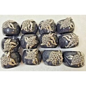 Vintage Onyx Grape Cluster Napkin Rings Set of 12 Heavy Stone Silver Tone Decor